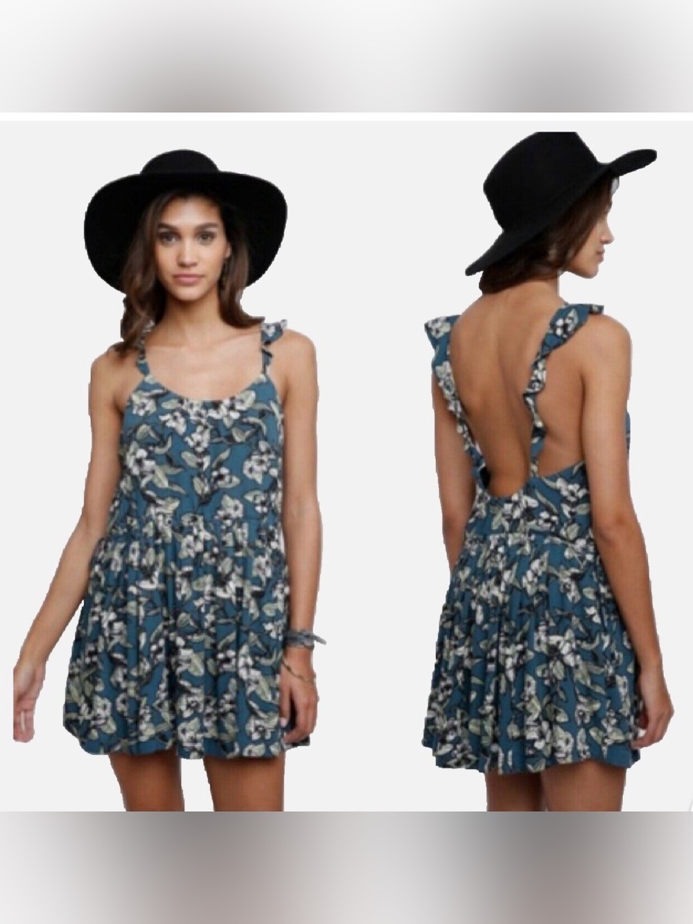 Free People Dear You Floral Backless Ruffle Mini Flare Sun Dress in Blue Size L